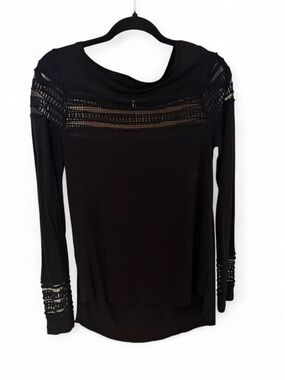 Free People Black Crochet Yoke Long Sleeve Top